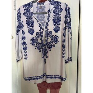 Nygard Womens' Blue/White Tunic Top Petite Medium